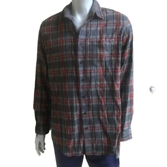 L.L. Bean Slightly Fitted Cotton Plaid Gray Red Flannel Button Down Size L Tall - Picture 1 of 7